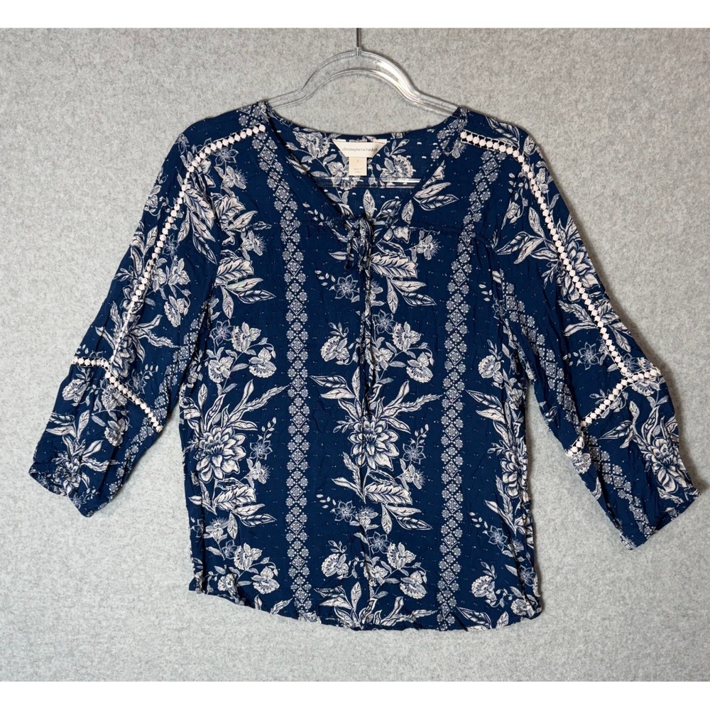 Christopher & Banks Blouse Top Womens Small Blue White Floral Rayon Lace-Up Neck